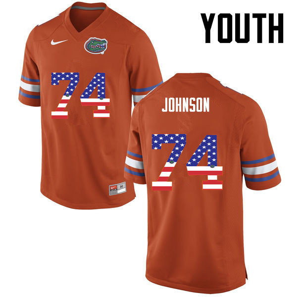 Youth Florida Gators #74 Fred Johnson College Football USA Flag Fashion Jerseys-Orange
